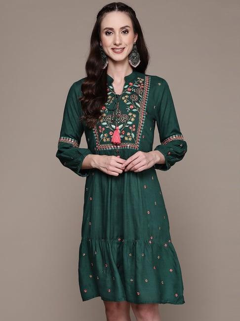 anubhutee bottle green embroidered a-line dress