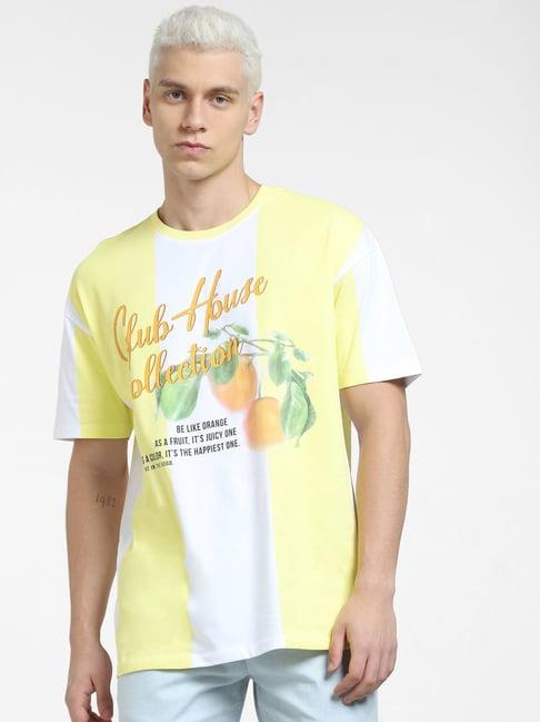 jack & jones yellow cotton boxy fit printed t-shirt