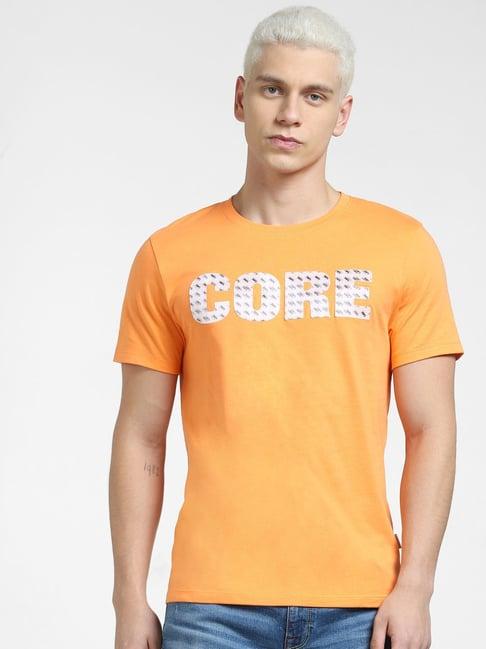 jack & jones orange cotton regular fit embroidered t-shirt