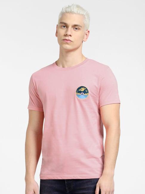 jack & jones dusty pink cotton slim fit embroidered t-shirt