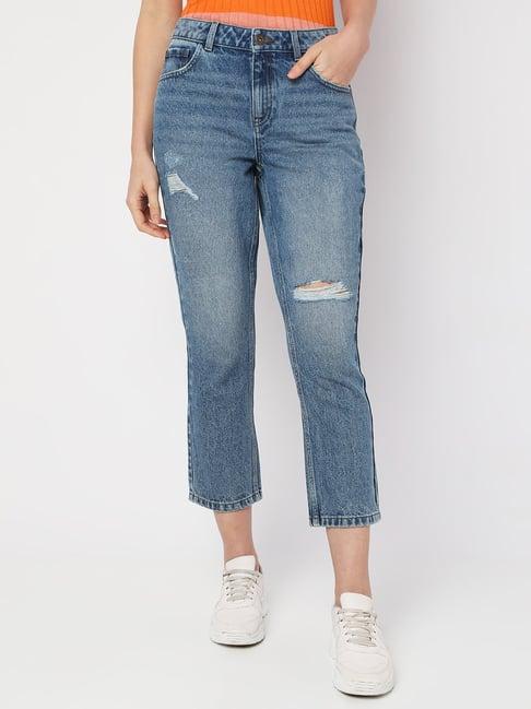 vero moda light blue cotton distressed high rise jeans