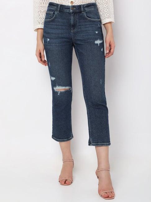 vero moda blue cotton distressed high rise jeans