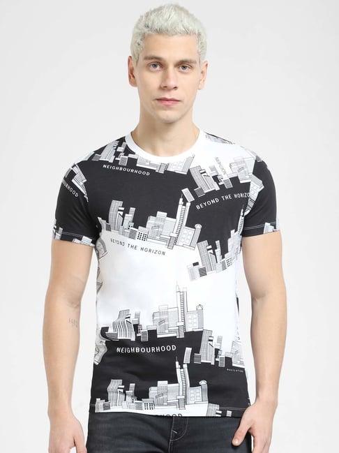 jack & jones white slim fit printed cotton crew t-shirt