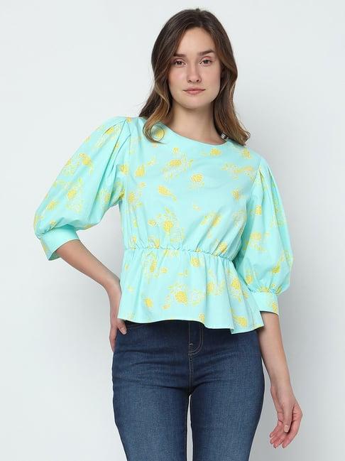 vero moda blue & yellow cotton floral print top