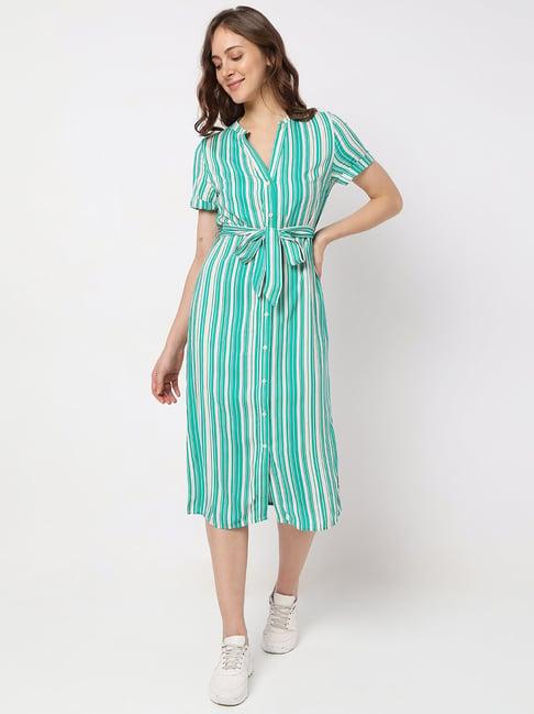 vero moda green & off-white striped wrap dress