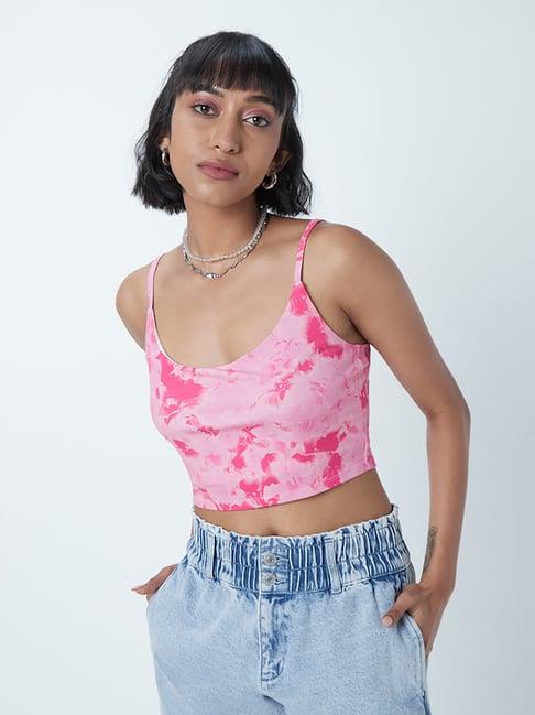 nuon by westside pink rose printed crop spaghetti top