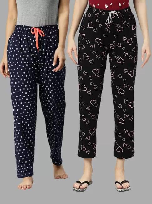 kryptic blue & black printed pure cotton elasticated waist band regular fit pyjamas - pack of 2