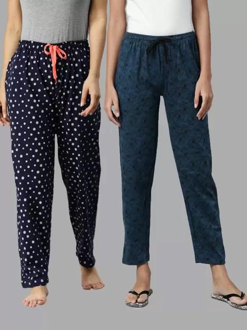 kryptic teal & navy printed pure cotton elasticated waist band regular fit pyjamas - pack of 2