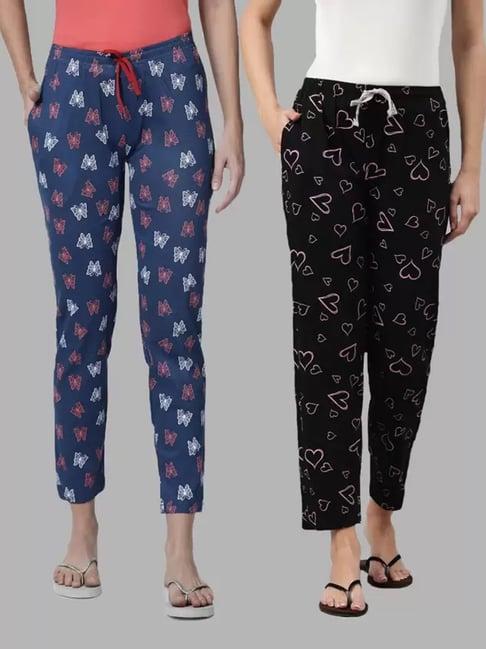 kryptic black & blue printed pure cotton elasticated waist band regular fit pyjamas - pack of 2