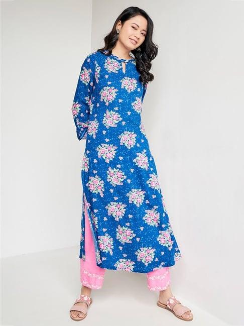 global desi blue floral print kurta