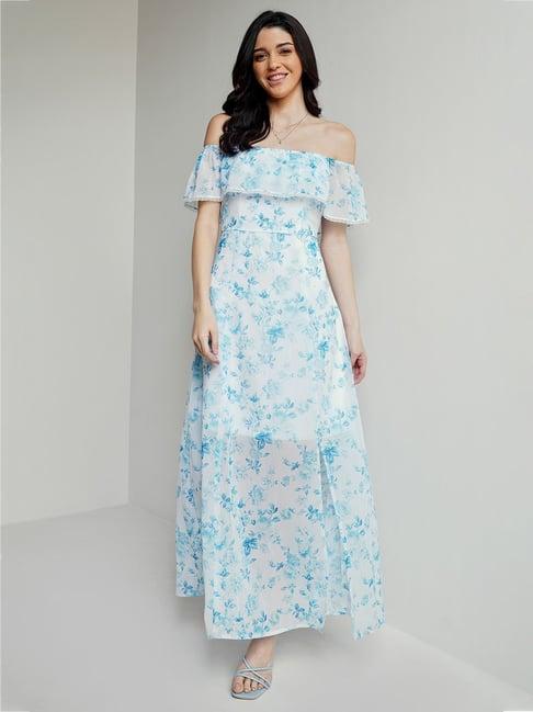 and white & blue floral print gown