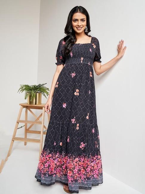 global desi black & pink floral print gown