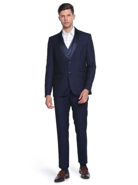 arrow navy blue regular fit self pattern three piece suit