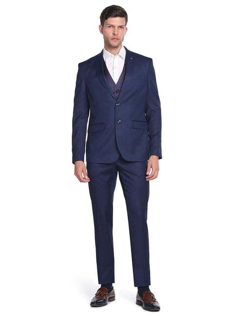 arrow navy regular fit self pattern three piece suit