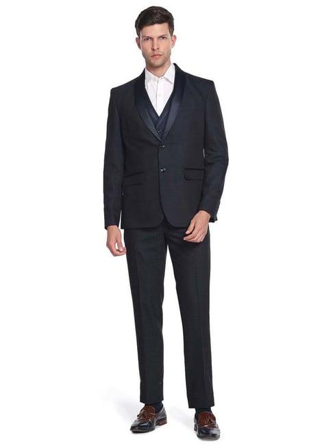 arrow navy blue regular fit checks three piece suit