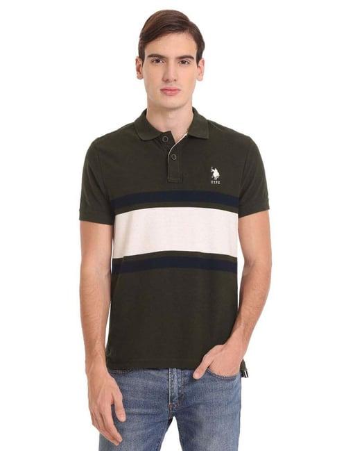 u.s. polo assn. olive cotton regular fit colour block polo t-shirt