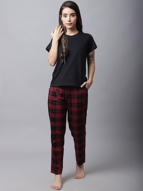 boston club black & maroon cotton printed top pyjama set