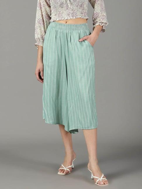 showoff sea green cotton striped flared fit high rise culottes