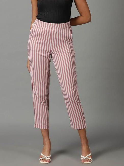 showoff mauve striped straight fit mid rise trousers