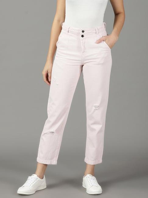 showoff light peach distressed relaxed fit high rise jeans