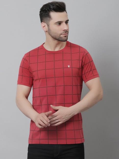 venitian- forbidden clothing red slim fit check crew t-shirt