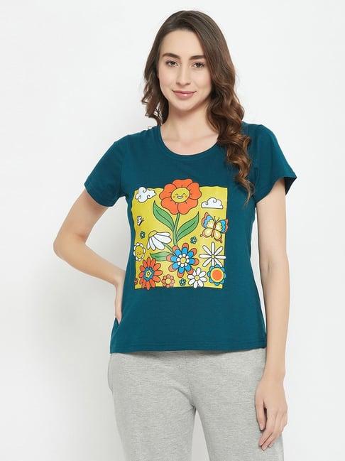 clovia teal blue cotton graphic print t-shirt