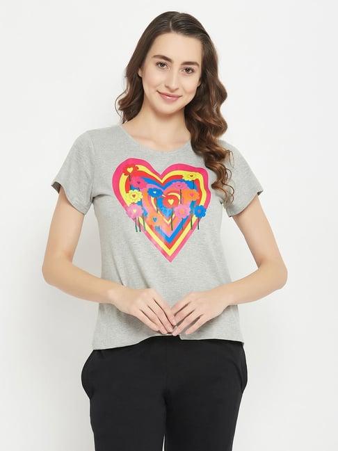 clovia grey cotton graphic print t-shirt