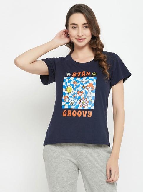 clovia navy cotton graphic print t-shirt