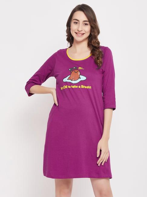 clovia purple cotton graphic print sleep tee