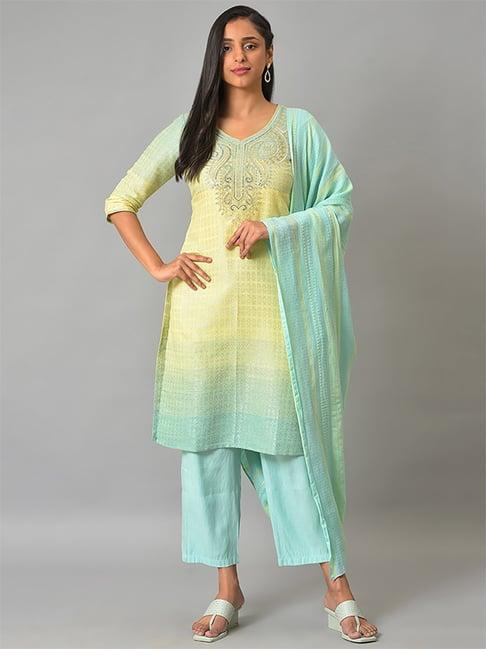 aurelia yellow & blue embellished kurta pant set with dupatta