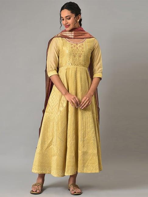 aurelia golden embellished flared kurta with dupatta