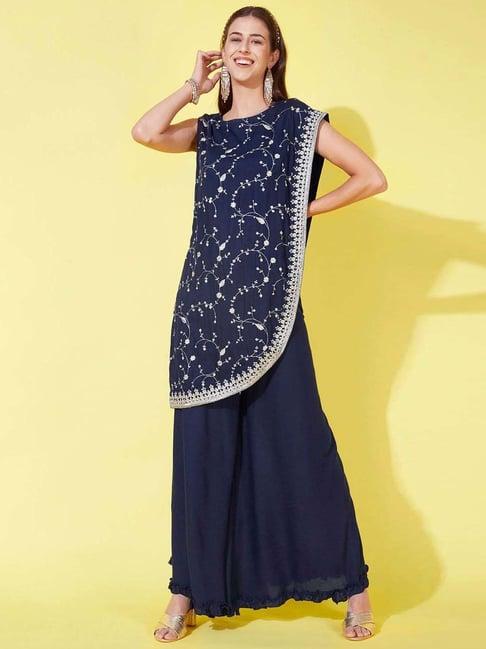 fashor navy embroidered kurti palazzo set