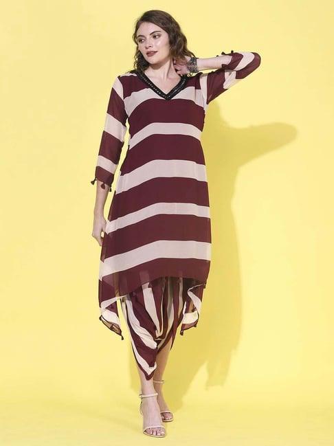 fashor maroon & cream striped kurta dhoti pant set