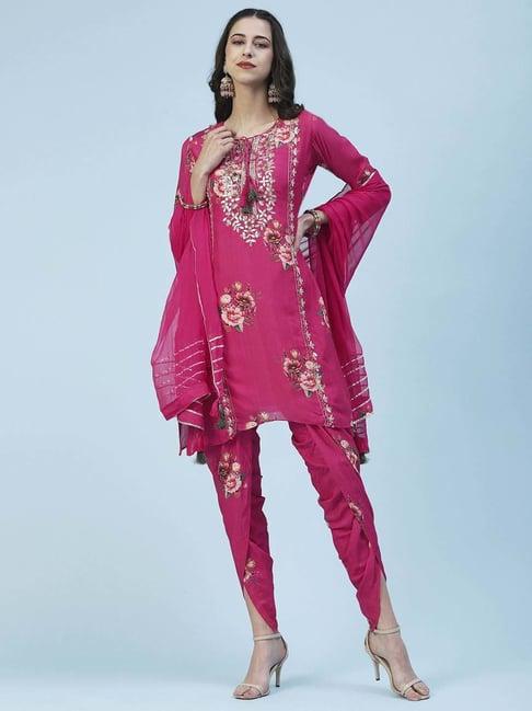 fashor pink embroidered kurti dhoti pant set with dupatta