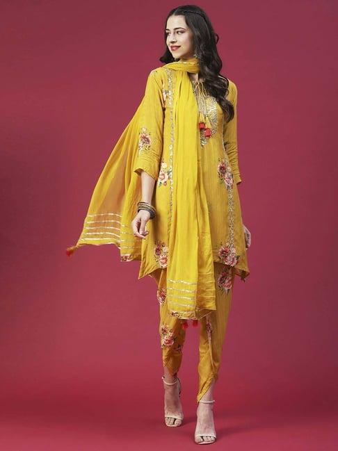 fashor mustard embroidered kurti dhoti pant set with dupatta