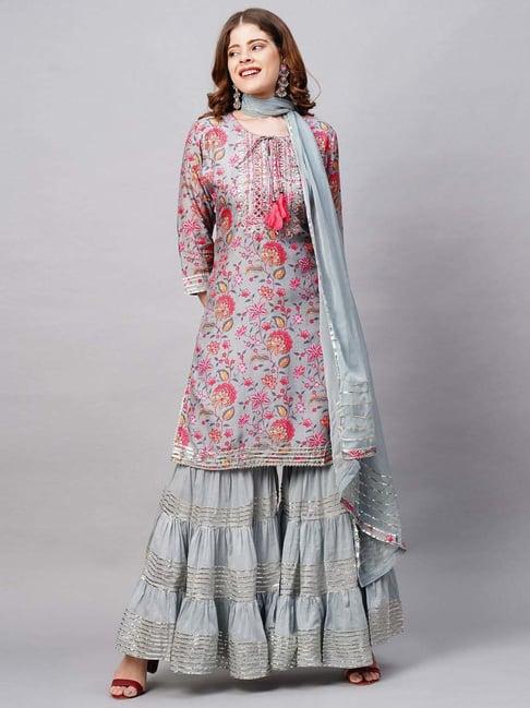 fashor grey embroidered kurti sharara set with dupatta