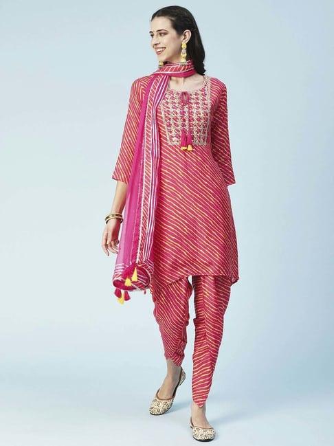 fashor pink embroidered kurti dhoti pant set with dupatta