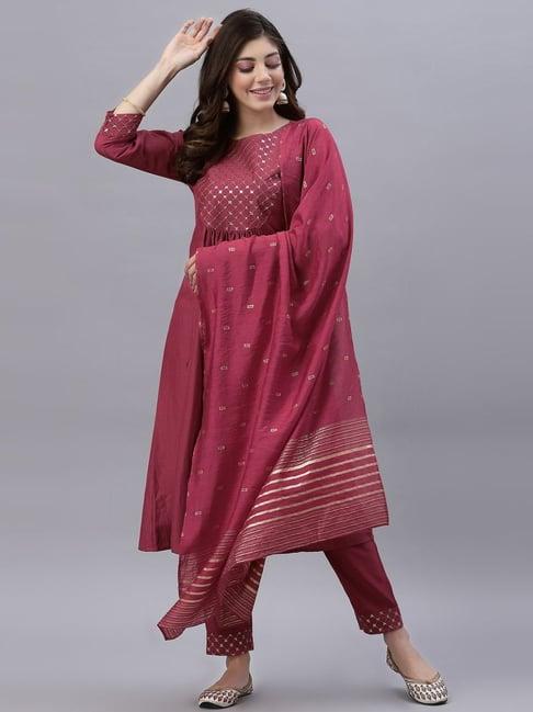 skylee onion pink embroidered kurta pant set with dupatta