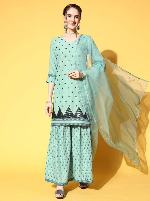 skylee blue embroidered kurti sharara set with dupatta