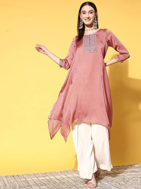 skylee peach embroidered high low kurta