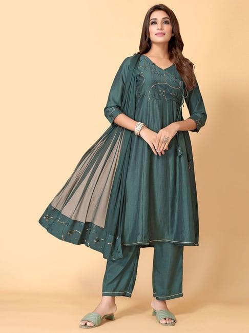 skylee sea green embroidered kurta palazzo set with dupatta