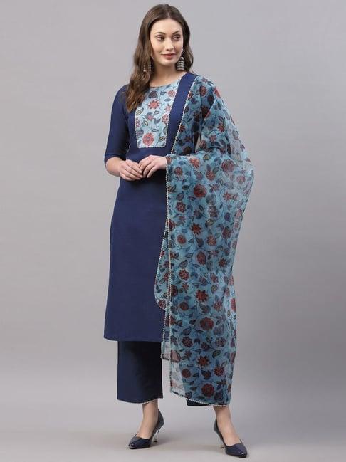 skylee blue cotton floral print kurta palazzo set with dupatta