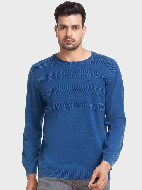 colorplus blue cotton tailored fit self pattern sweaters