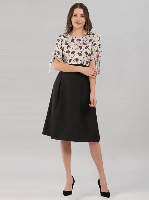 selvia beige & black floral print a-line dress