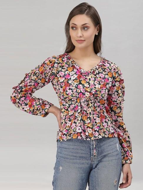 selvia pink & black floral print top