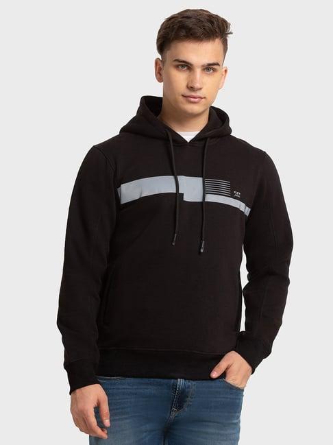 colorplus black tailored fit printed hooded sweatshirt