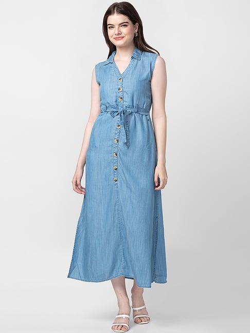 spykar blue cotton a-line denim dress