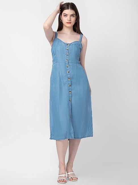 spykar ice blue cotton a-line denim dress