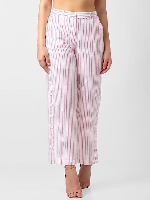 spykar white & pink cotton striped palazzos