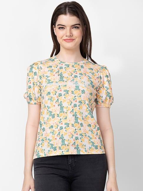 spykar yellow & green cotton floral print top